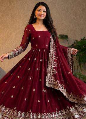 Women's maroon zari sequence embroidery work anarkali gown with dupatta 2