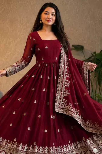 Women's maroon zari sequence embroidery work anarkali gown with dupatta