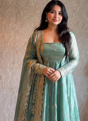 Women's sky blue zari sequence embroidery work anarkali gown with dupatta 2