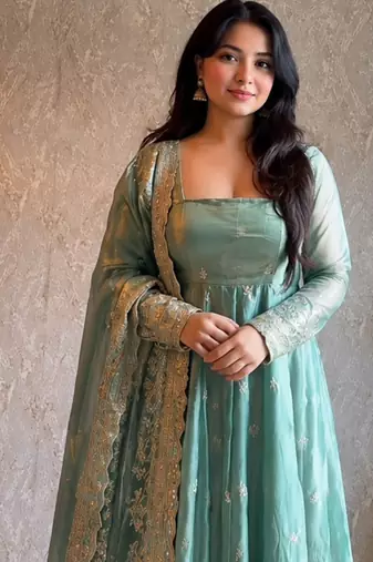 Women's sky blue zari sequence embroidery work anarkali gown with dupatta
