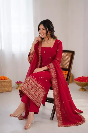 Red georgette thread with sequence salwar suit