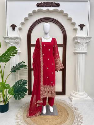 Red georgette thread with sequence salwar suit 3