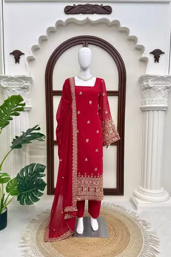 Red georgette thread with sequence salwar suit