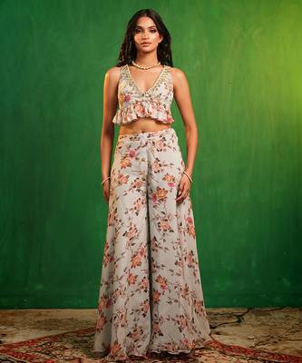 Sky blue printed organza co ord set 1