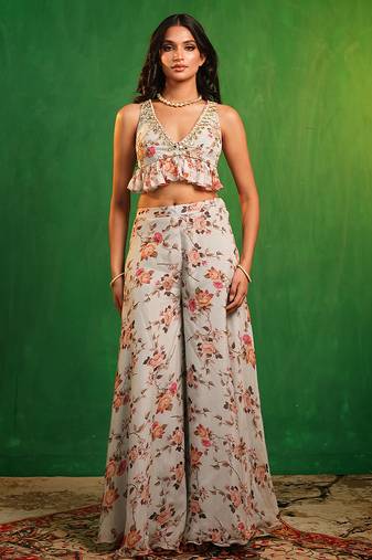 Sky blue printed organza co ord set