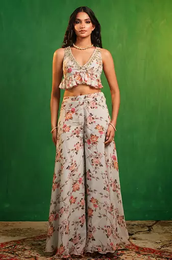 Sky blue printed organza co ord set
