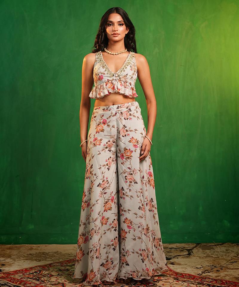 Sky blue printed organza co ord set