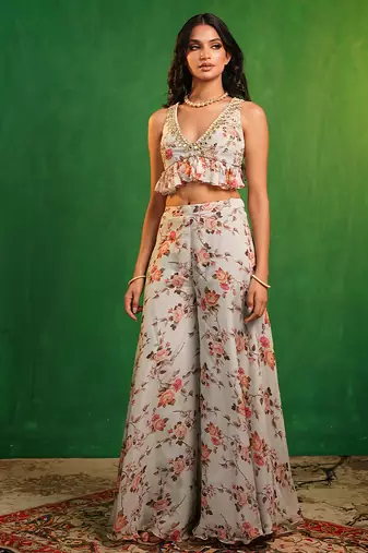 Sky blue printed organza co ord set