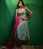 Aqua blue embroidered tissue silk anarkali set