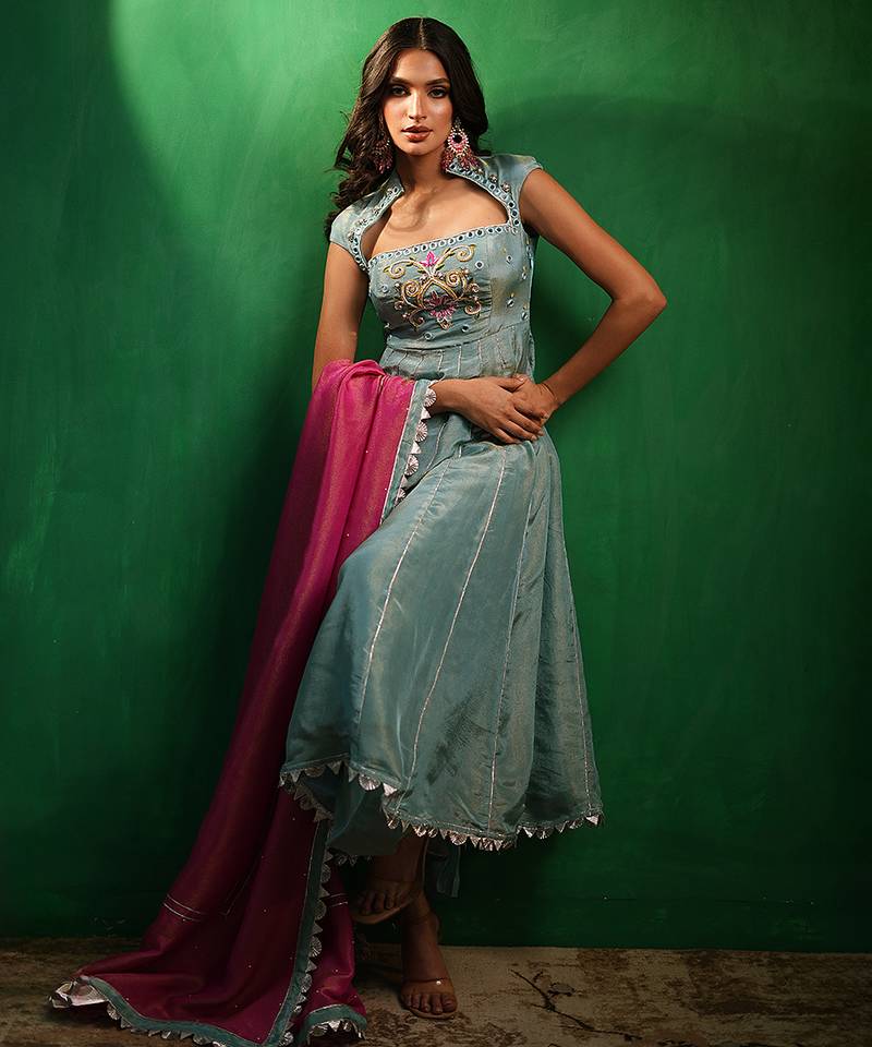 Aqua blue embroidered tissue silk anarkali set