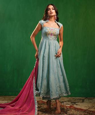 Aqua blue embroidered tissue silk anarkali set 2