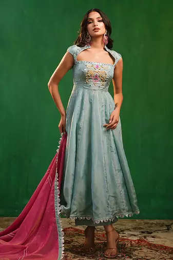 Aqua blue embroidered tissue silk anarkali set