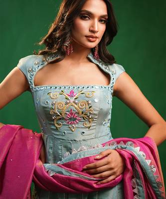 Aqua blue embroidered tissue silk anarkali set 3