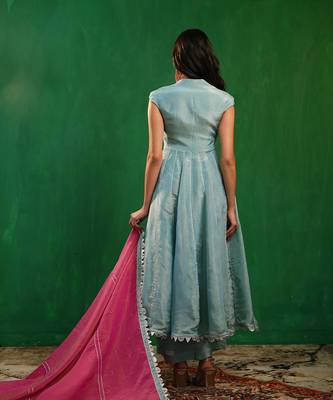 Aqua blue embroidered tissue silk anarkali set 4