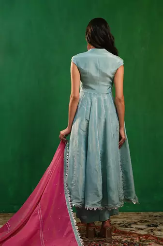 Aqua blue embroidered tissue silk anarkali set