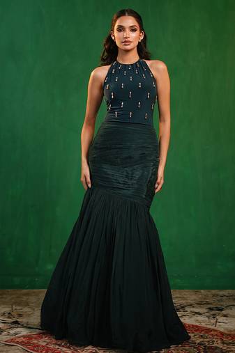 Midnight green embroidered lycra crepe skirt set