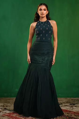Midnight green embroidered lycra crepe skirt set