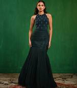 Midnight green embroidered lycra crepe skirt set