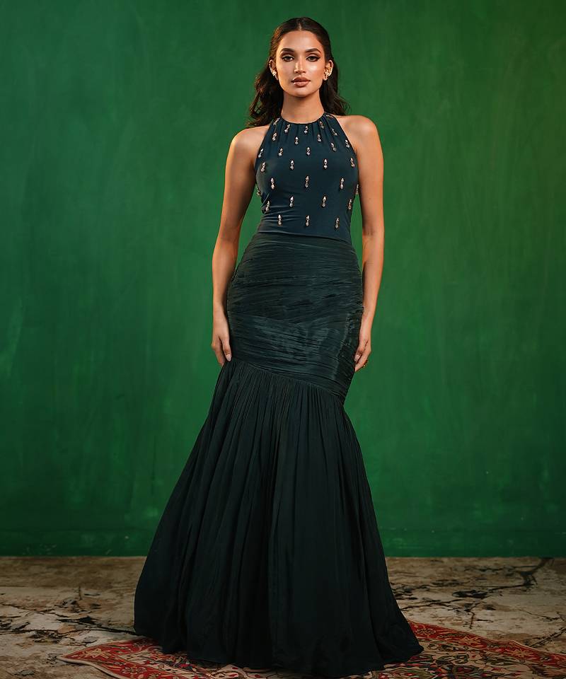 Midnight green embroidered lycra crepe skirt set