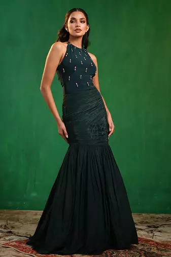 Midnight green embroidered lycra crepe skirt set