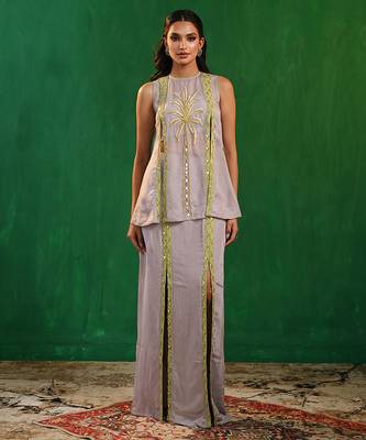 Lilac lime green embroidered georgette co ord set 1