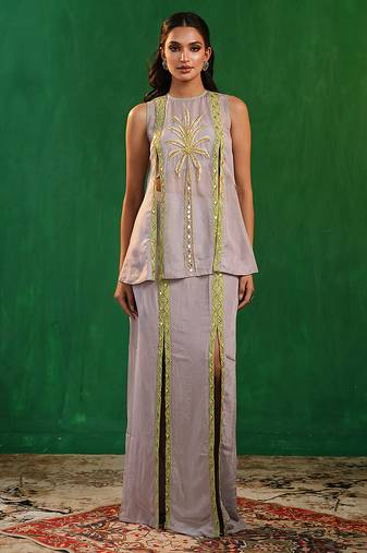 Lilac lime green embroidered georgette co ord set