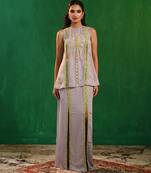 Lilac lime green embroidered georgette co ord set