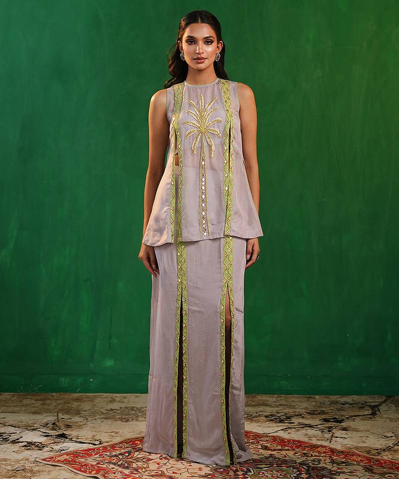 Lilac lime green embroidered georgette co ord set