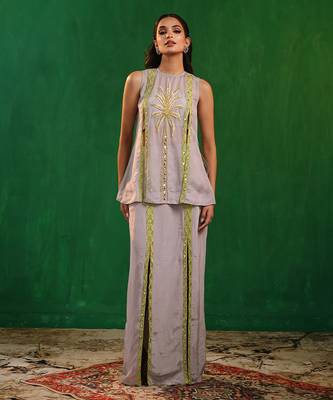 Lilac lime green embroidered georgette co ord set 2