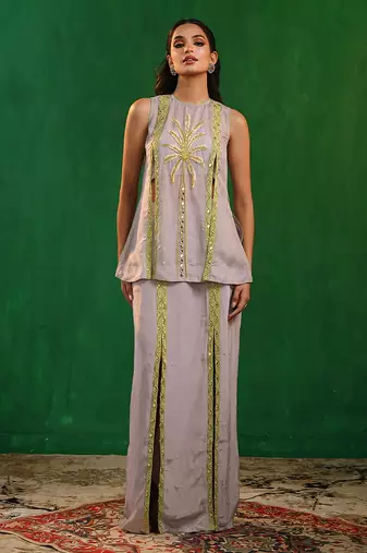Lilac lime green embroidered georgette co ord set
