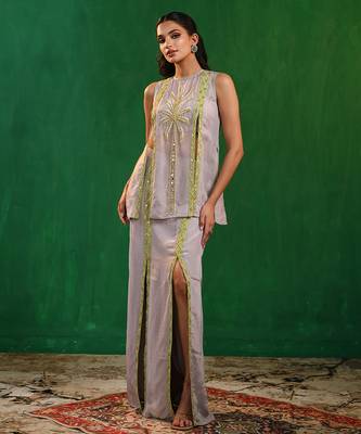 Lilac lime green embroidered georgette co ord set 3