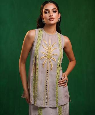 Lilac lime green embroidered georgette co ord set 4
