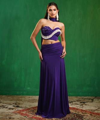 Royal purple embroidered imported lycra drape skirt set 1