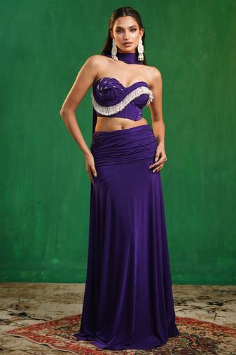 Royal purple embroidered imported lycra drape skirt set
