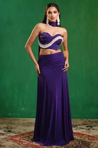 Royal purple embroidered imported lycra drape skirt set