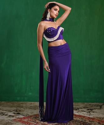 Royal purple embroidered imported lycra drape skirt set 2