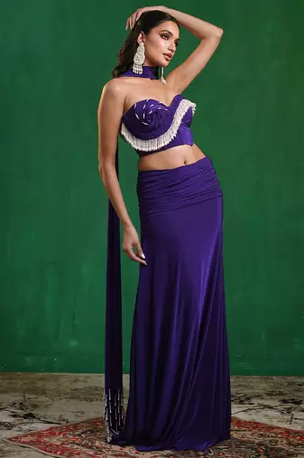 Royal purple embroidered imported lycra drape skirt set