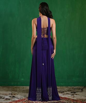Royal purple embroidered imported lycra drape skirt set 3