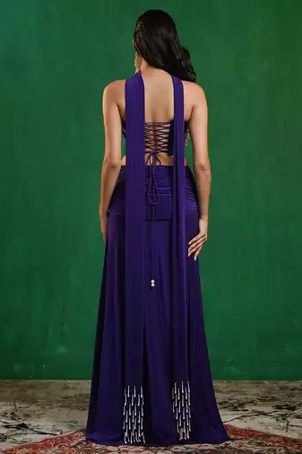 Royal purple embroidered imported lycra drape skirt set