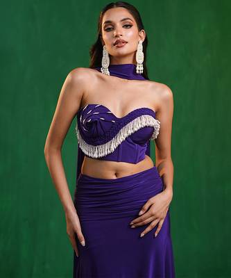 Royal purple embroidered imported lycra drape skirt set 4