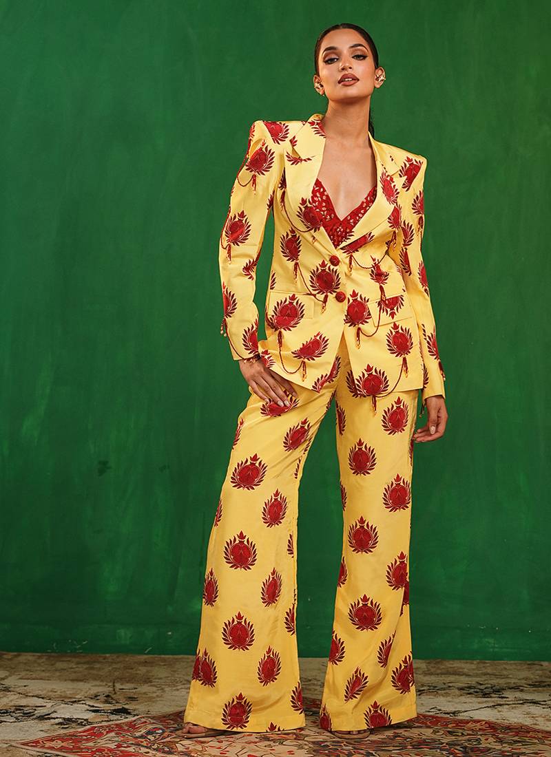 Yellow red printed imported crepe co ord set