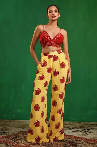 Yellow red printed imported crepe co ord set