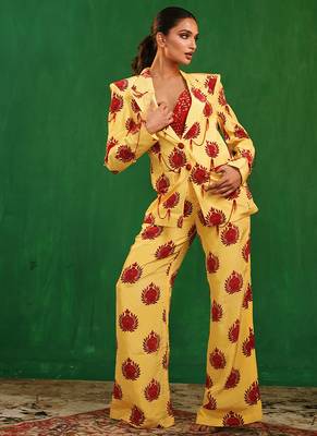 Yellow red printed imported crepe co ord set 3