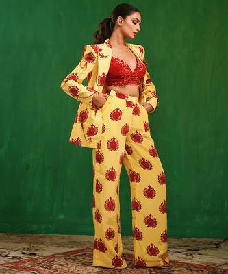 Yellow red printed imported crepe co ord set 5