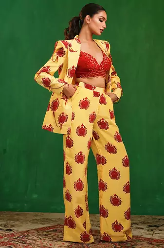 Yellow red printed imported crepe co ord set