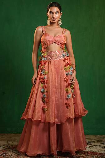 Peach pink embroidered tissue silk skirt set