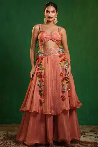 Peach pink embroidered tissue silk skirt set