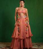 Peach pink embroidered tissue silk skirt set