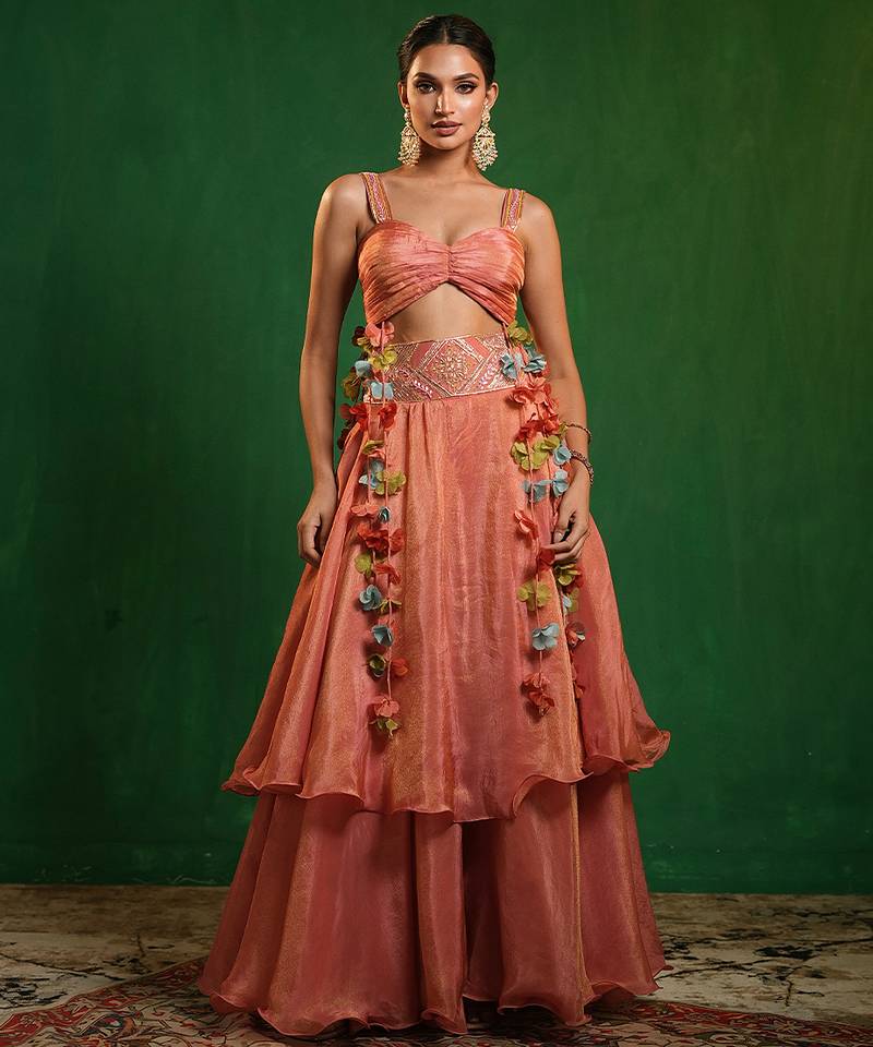 Peach pink embroidered tissue silk skirt set