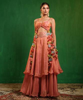 Peach pink embroidered tissue silk skirt set 2